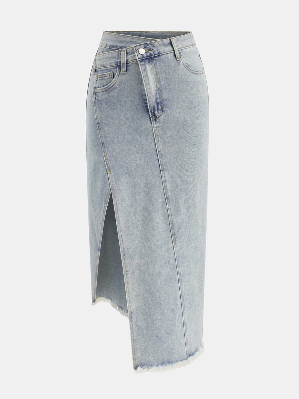 Commense Light Blue Asymmetrical Denim Midi Skirt with Front Slit